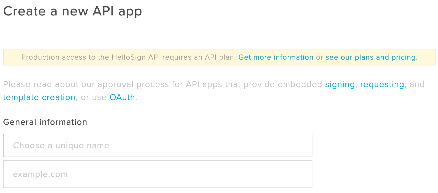 Image showing the initial API setup screen in the HelloSign app