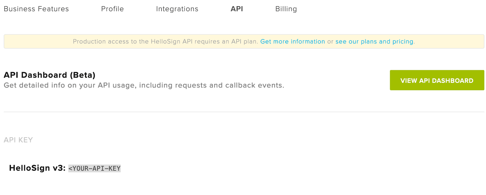 Image of the HelloSign API Dashboard, highlighting the location to find your API key