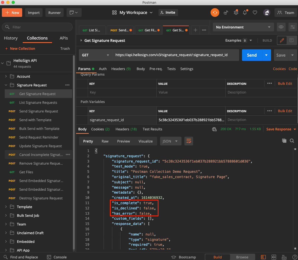 Image showing the "signature_request" response object in Postman, with the "is_complete", "is_declined" and "has_error" flags highlighted