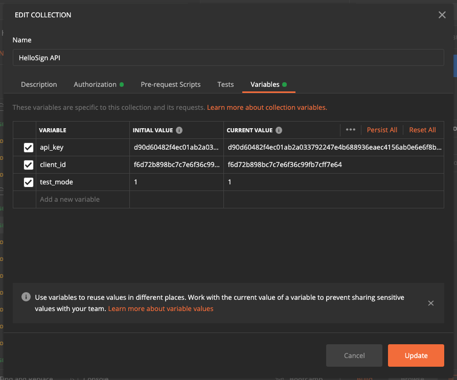 Image showing the "Variables" tab in Postman