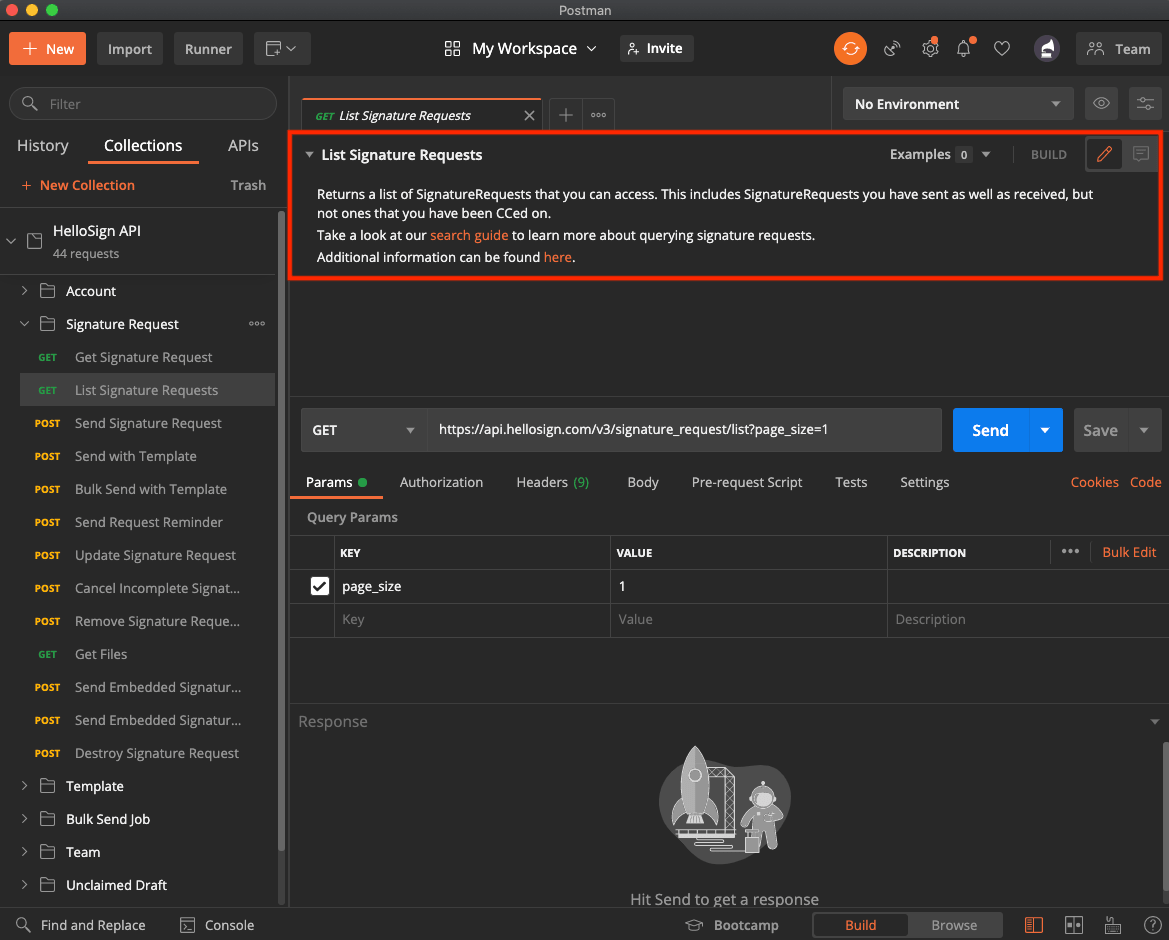 Image showing the location in Postman to find more information about the Dropbox Sign API