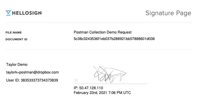 Image showing the successfully signed document in Dropbox Sign's web interface