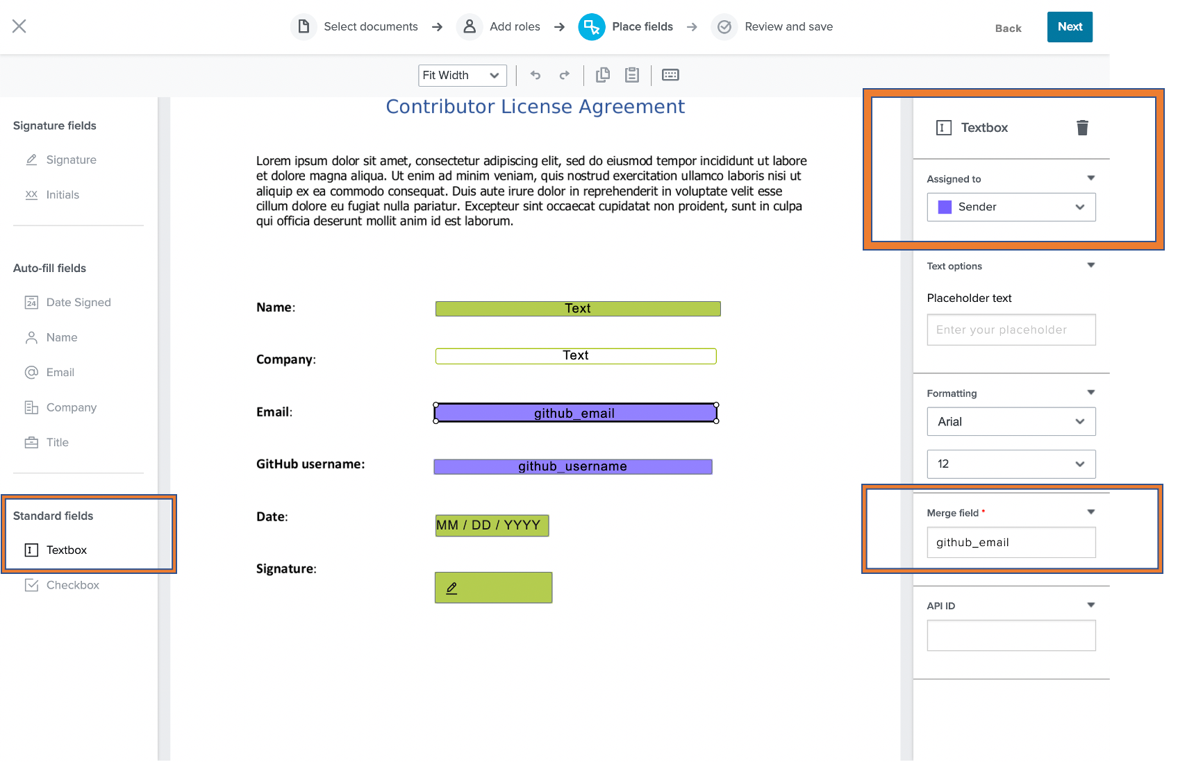 Screenshot showing template preparation in the HelloSign app