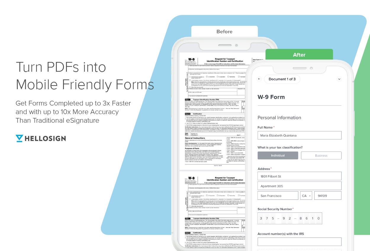 Image of Dropbox Sign mobile app, with the caption: "turn PDFs into mobile friendly forms"