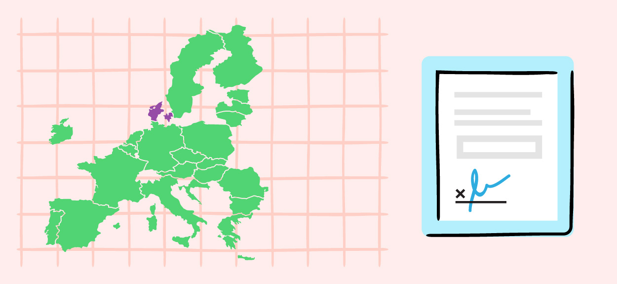 An illustration showing Denmark on a map next to a signed document