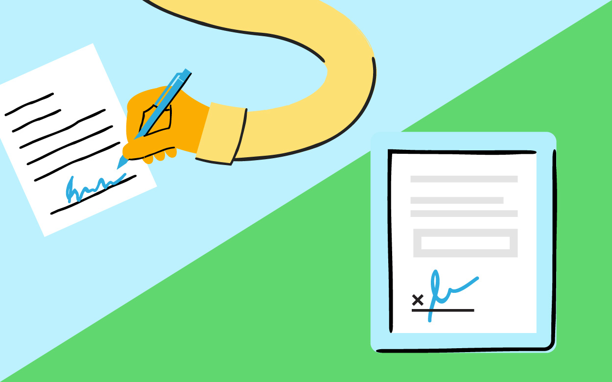 An illustration of a hand signing a document and a signed document