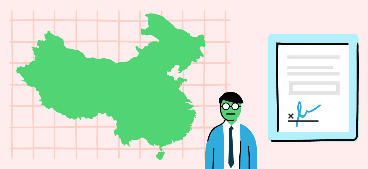 Illustration of China, a person and a signed document