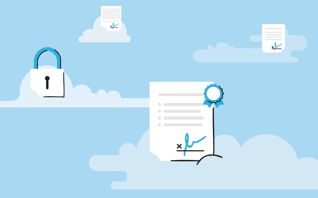 Illustration of locks and documents in clouds