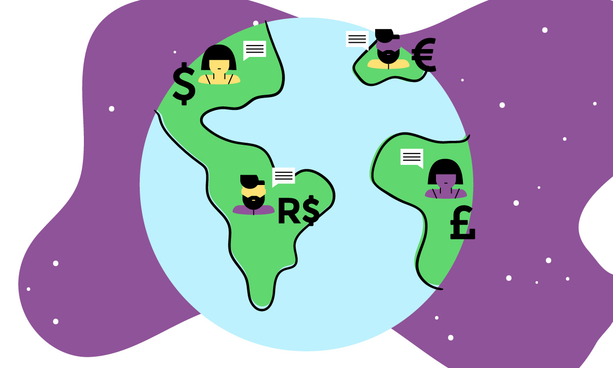 Illustration of a globe with people and different currencies in different corners