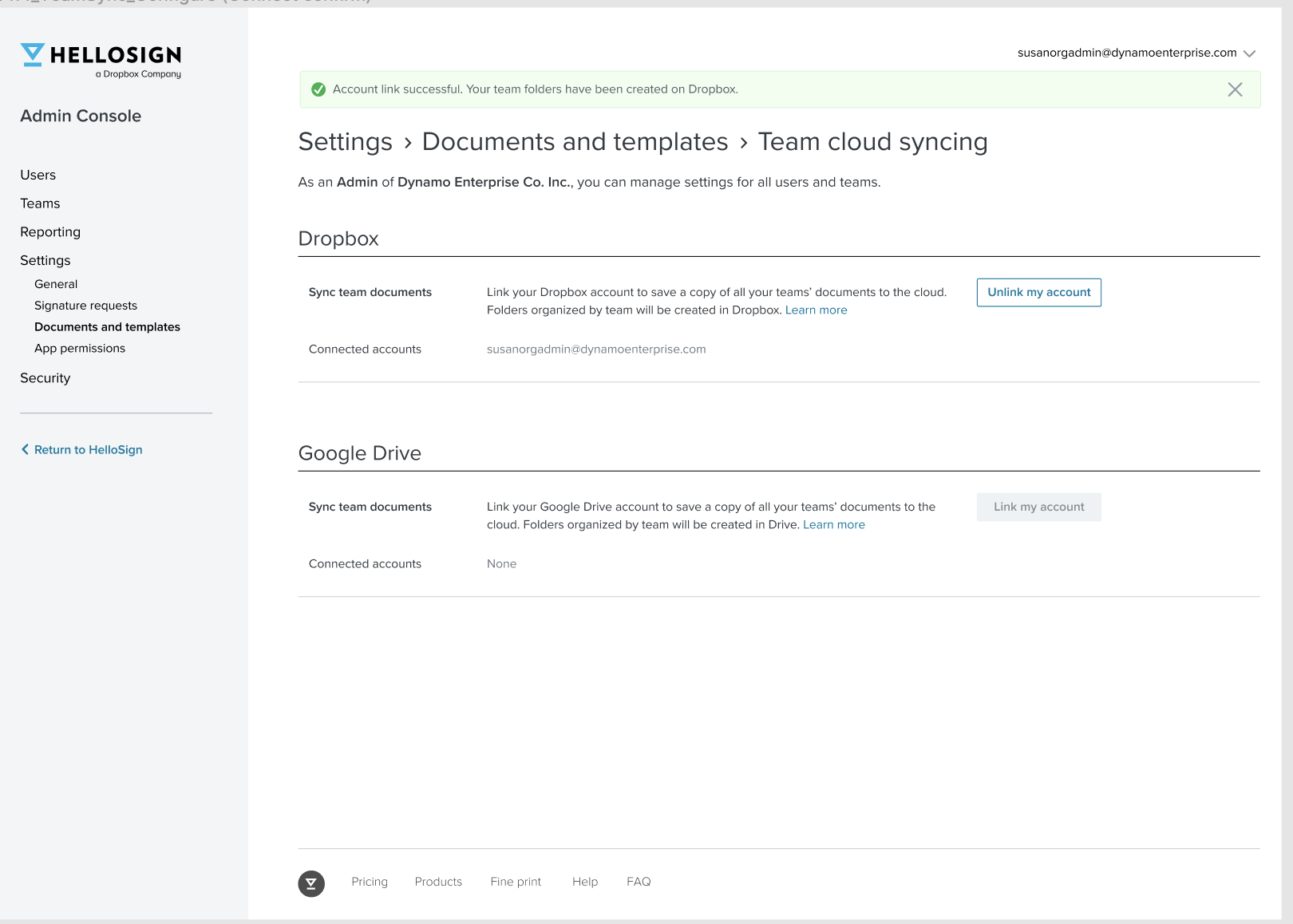 Screenshot of the "Team cloud syncing" panel inside of Dropbox Sign