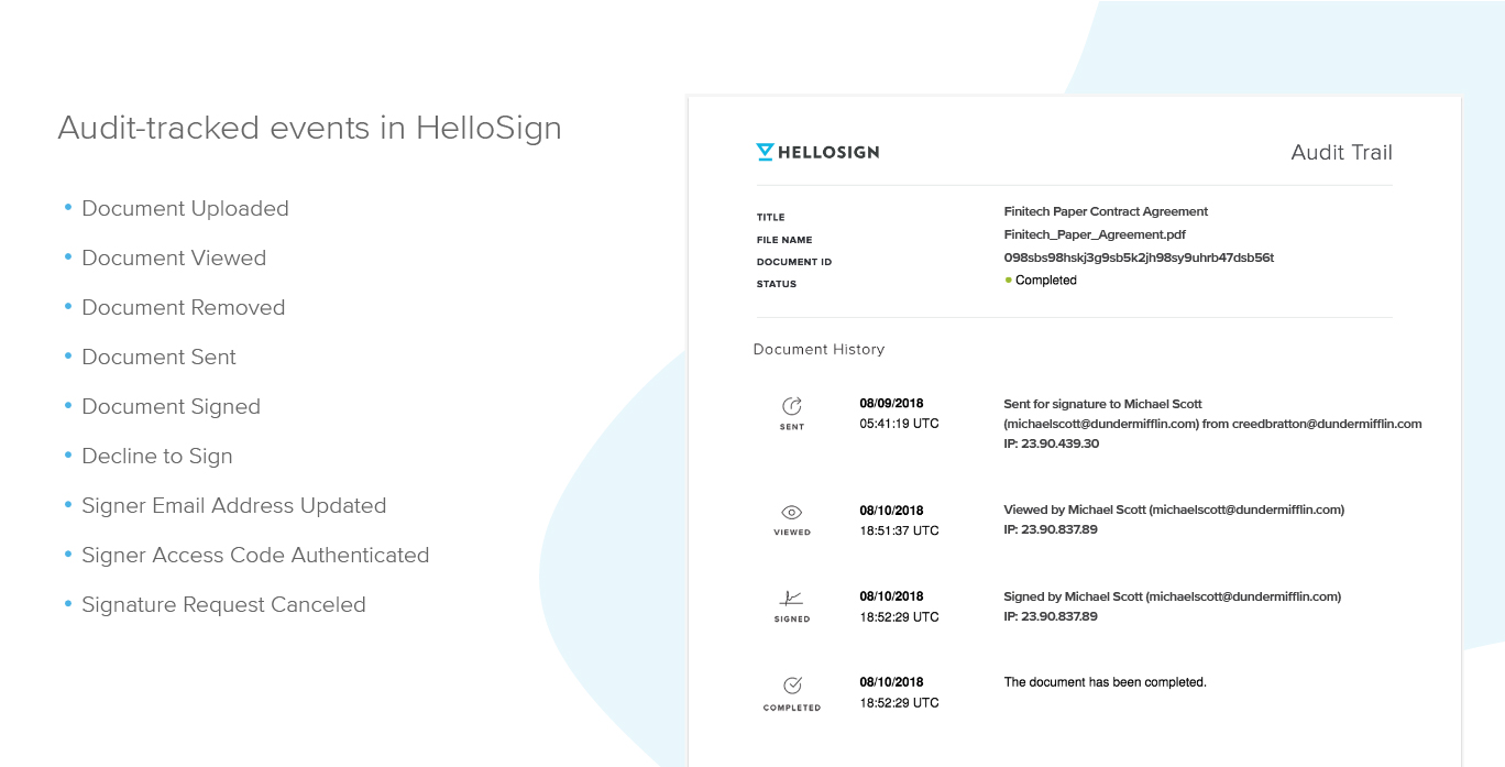 HelloSign list of audit tracked events with audit trial screenshot on right side of image