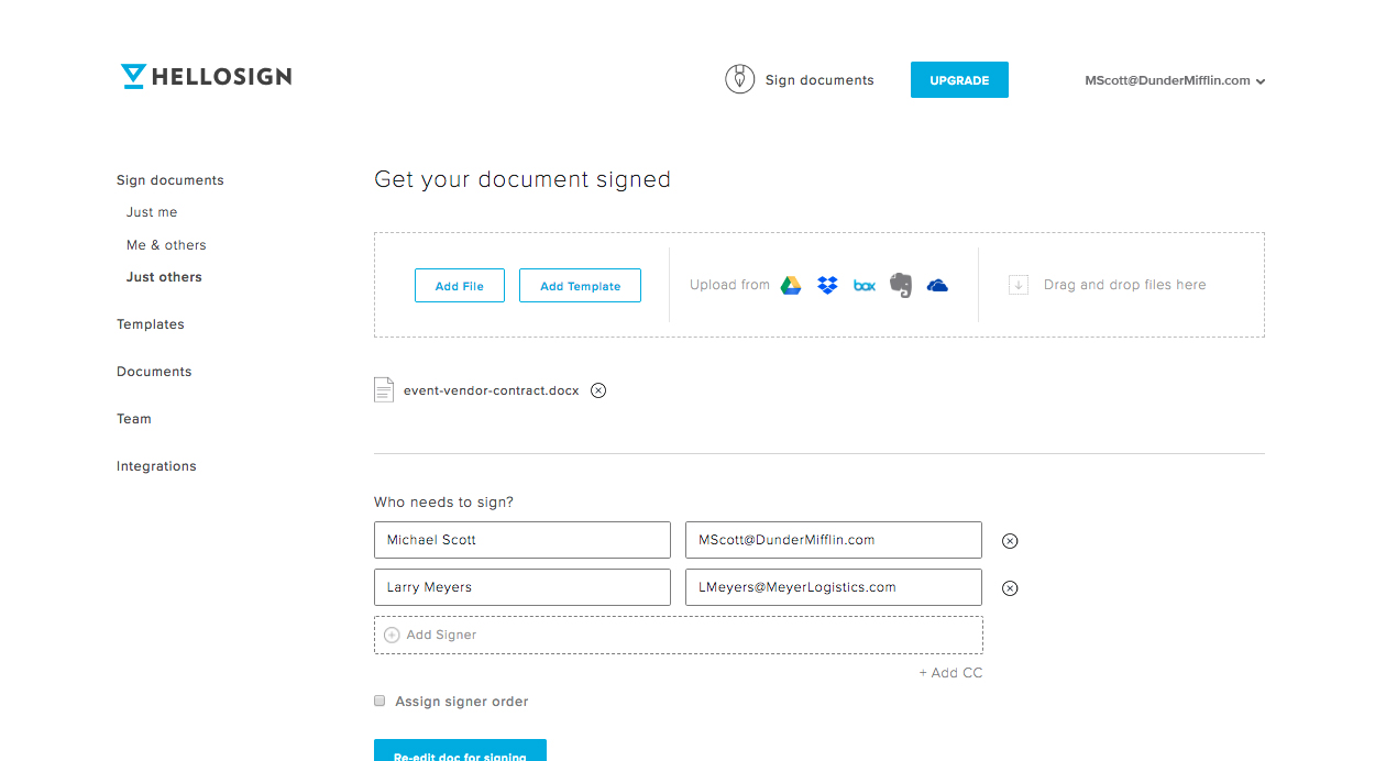 HelloSign upload document and  add signers screenshot