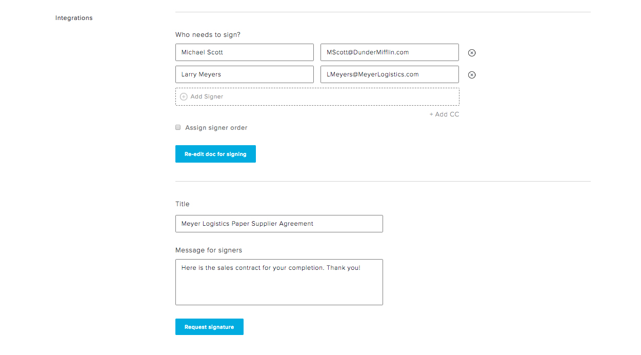 HelloSign send document for signatures screenshot