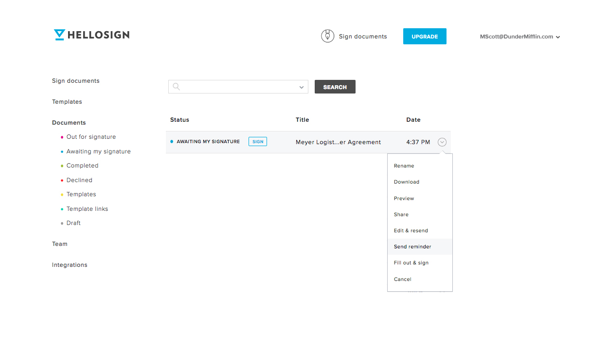 HelloSign view all documents in documents dashboard screenshot