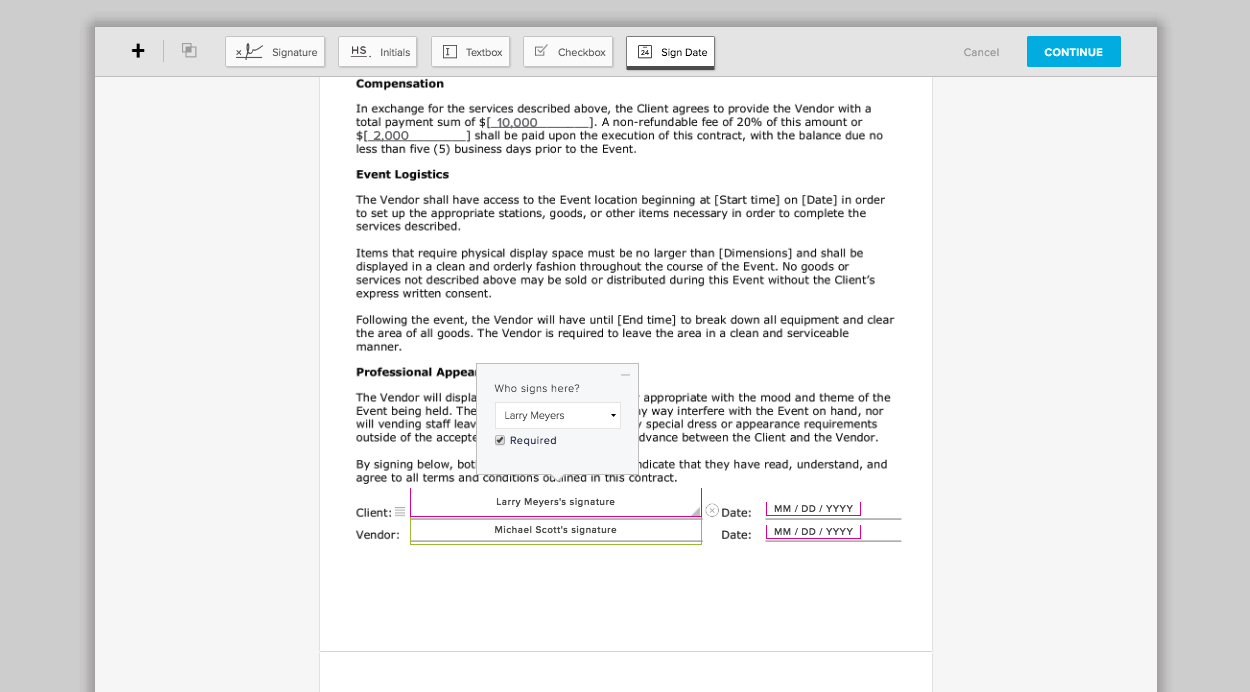 HelloSign format contract for signatures screenshot