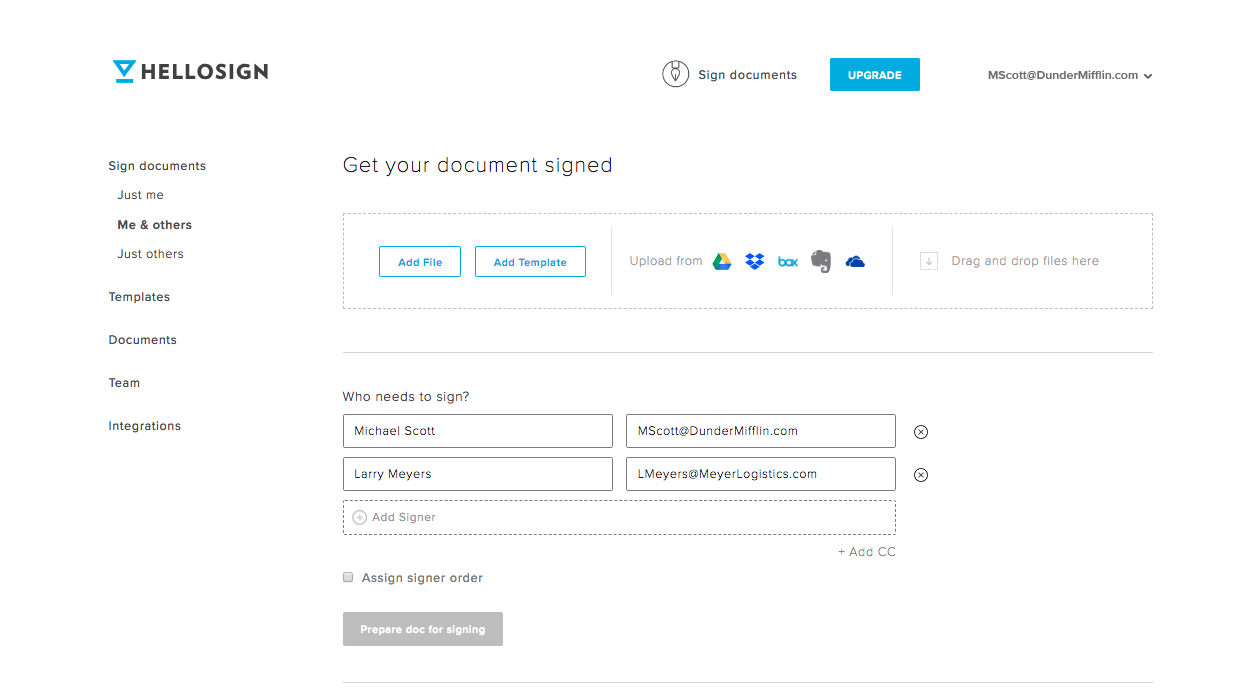 HelloSign upload document and add signers screenshot