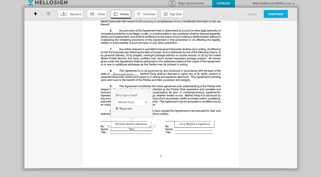 HelloSign format contract for signatures screenshot