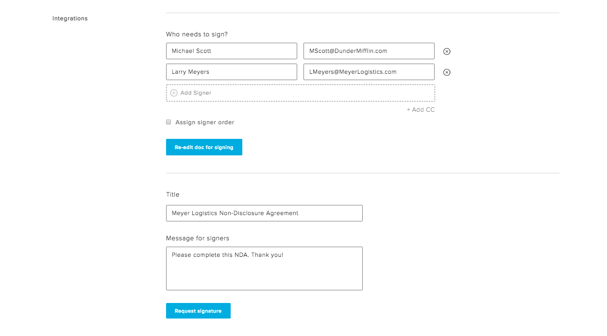 HelloSign send document for signatures screenshot