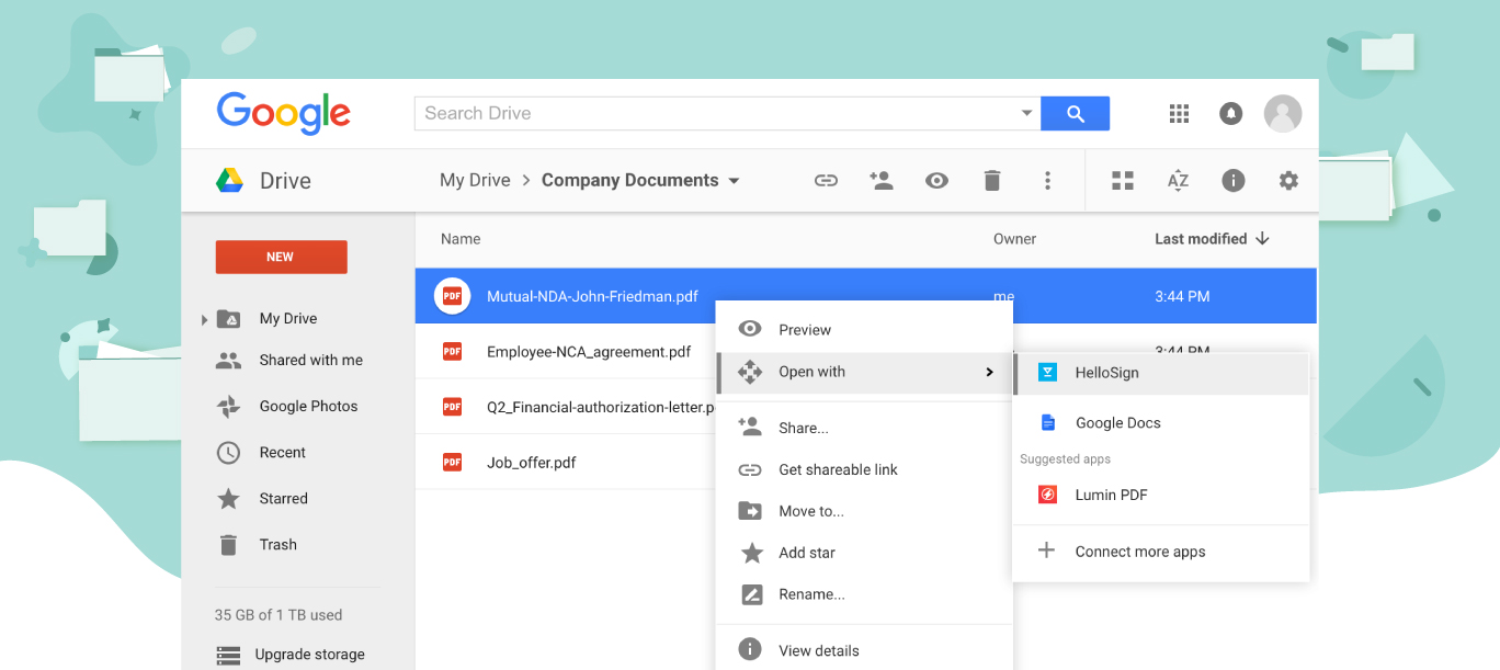 Screenshot of Google Drive window using the Dropbox Sign integration