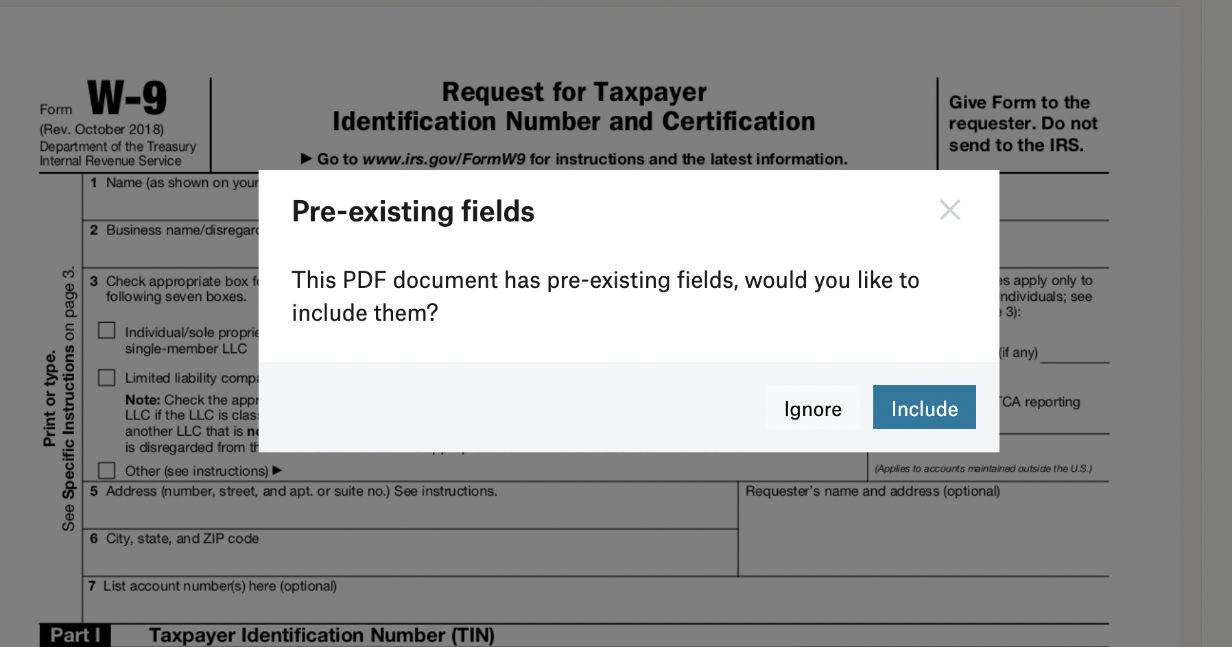 Pop up box that asks if you'd like to include pre-existing fields