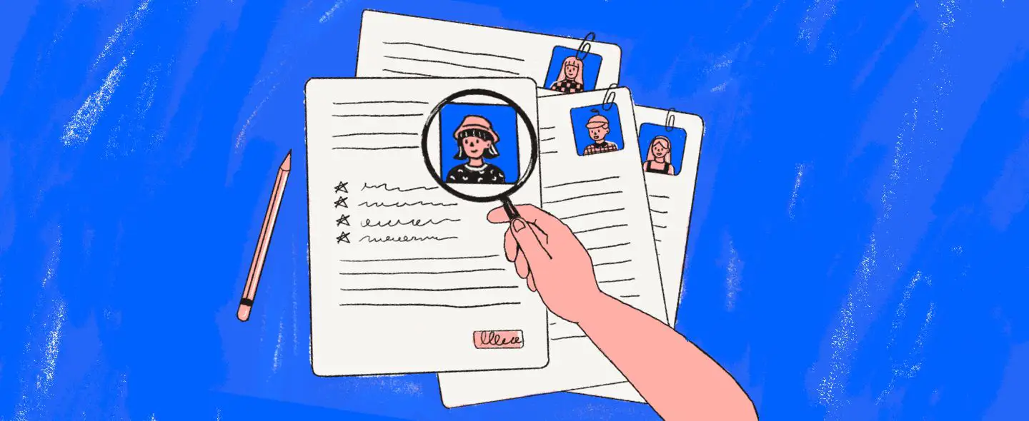 An illustration of a magnifying glass looking at documents for how to hire independent contractors