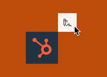 A woman is sitting at her computer and there is a graphic of a signature icon on the right over the Hubspot logo