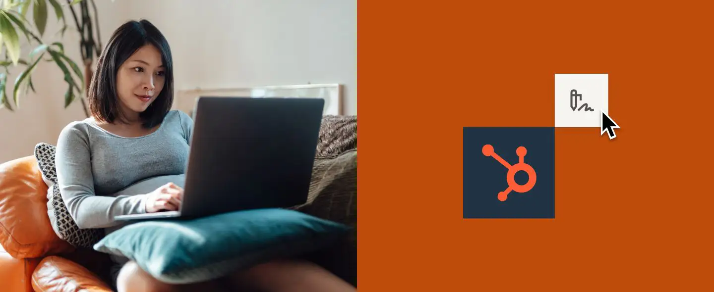 A woman is sitting at her computer and there is a graphic of a signature icon on the right over the Hubspot logo