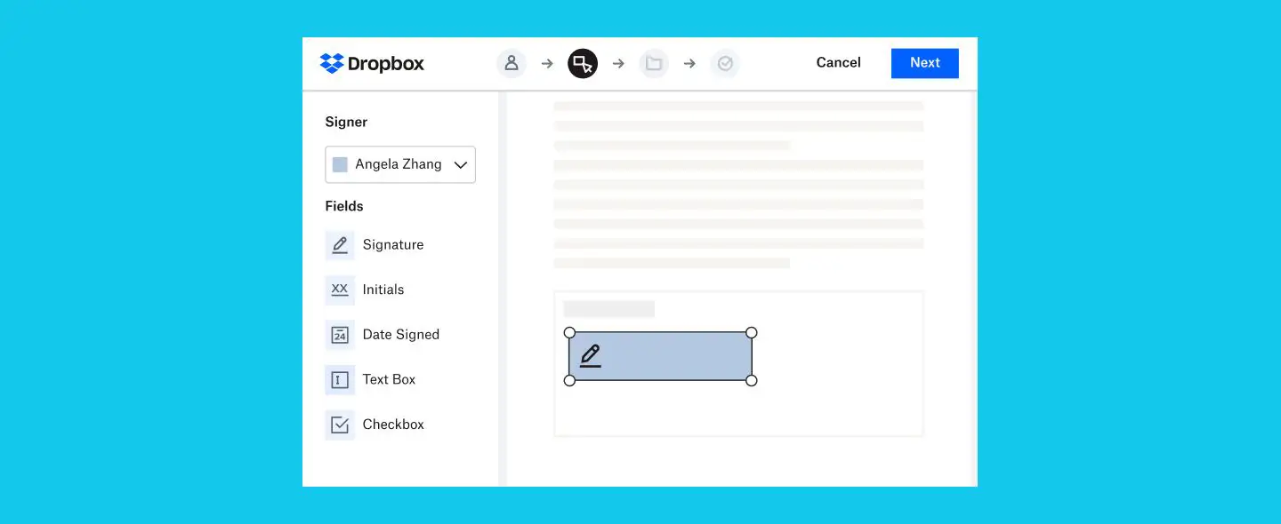 Abstract UI of the dropbox esignature integration, powered by HelloSign