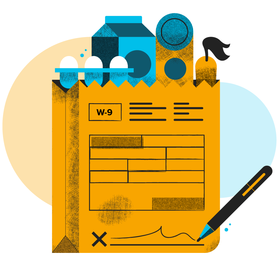 W-9 form printed on a big with groceries coming out of top illustration