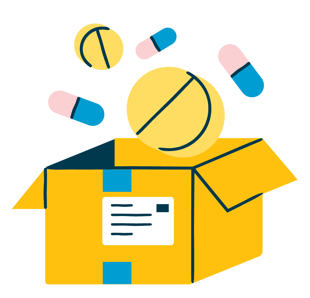 Hero image, styled box with various pharmaceutical pills