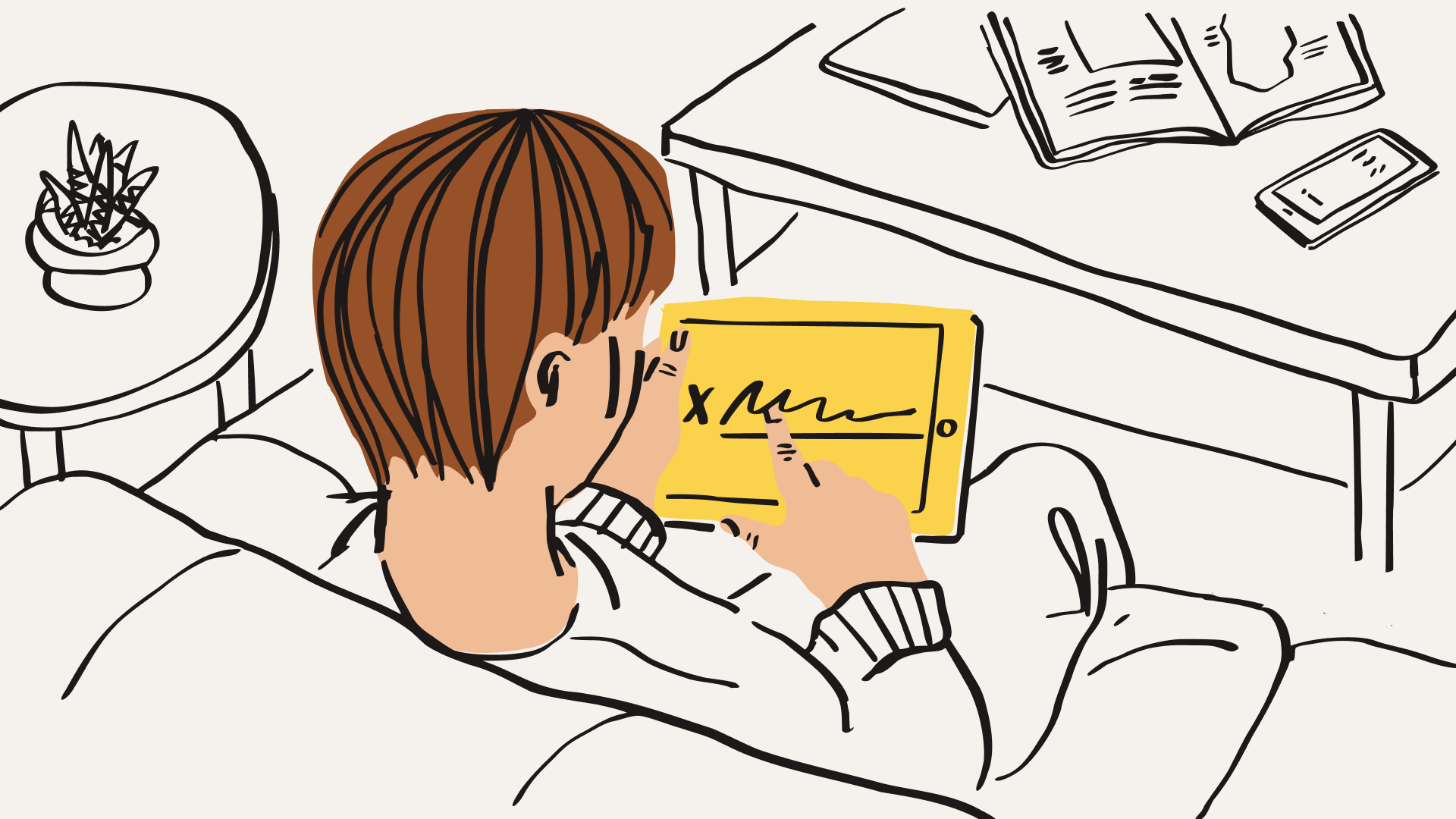 illustration of a man sitting on a couch signing something on an iPad