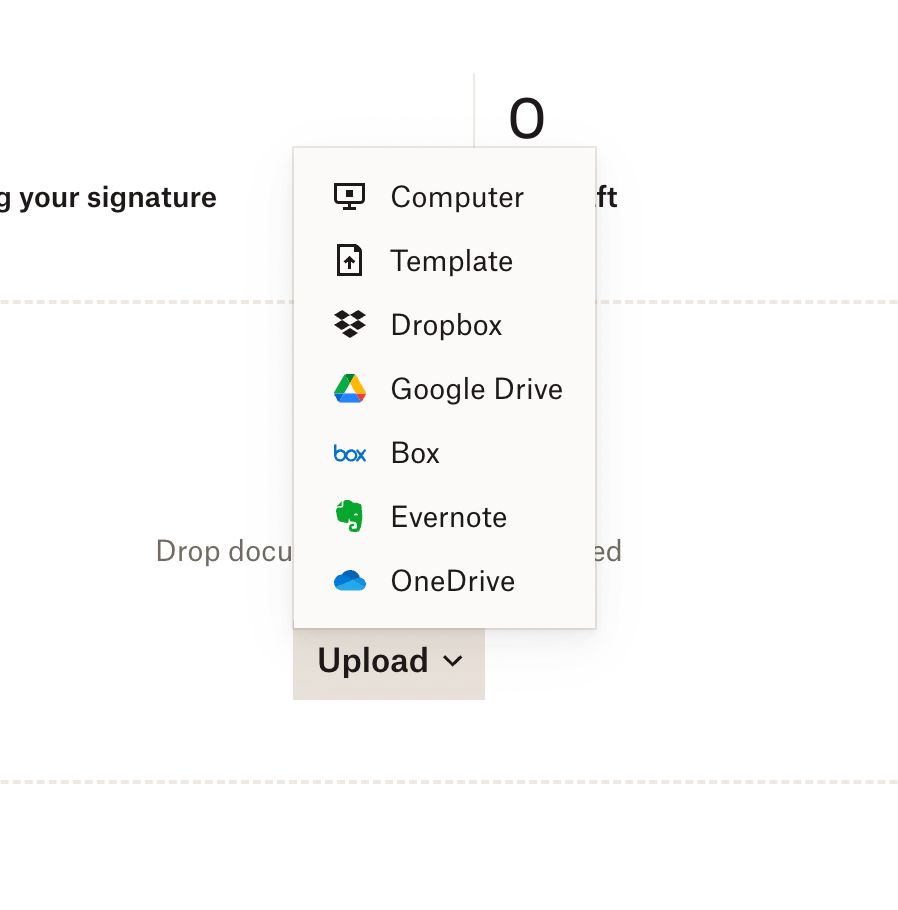 Upload dropdown with options to upload from common storage spaces and computer