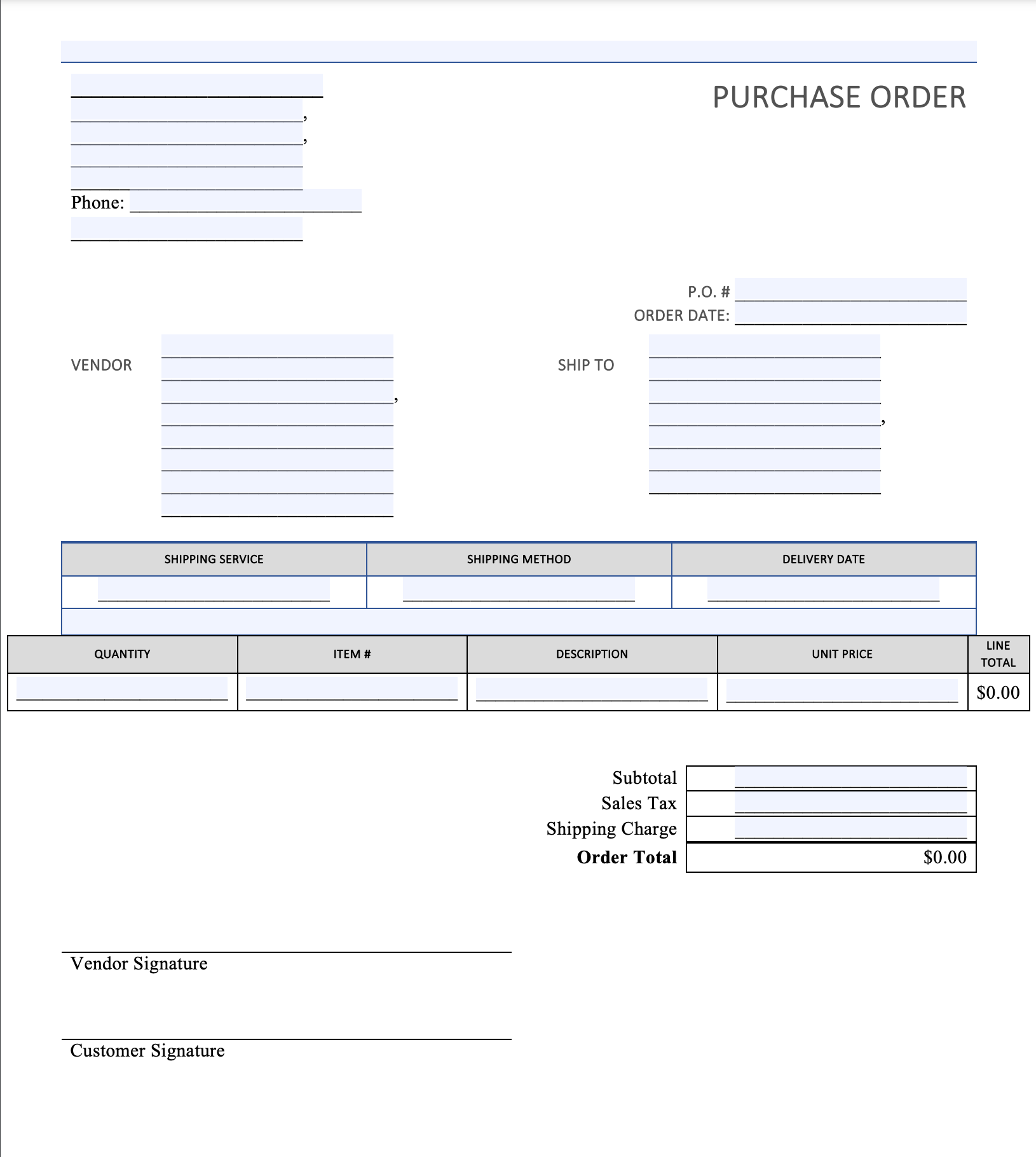 Purchase order with contact info, PO number, shipping, and item details