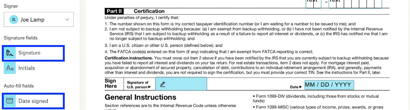 page build with "Signature" and "Date Signed" outlined in blue on the left