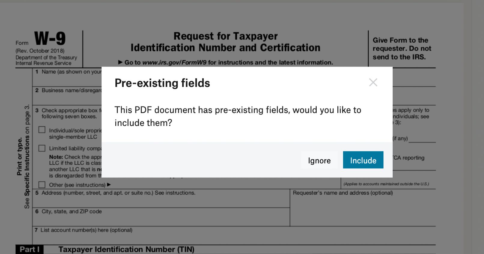 text box asking if you would like to include pre-existing fields in your document