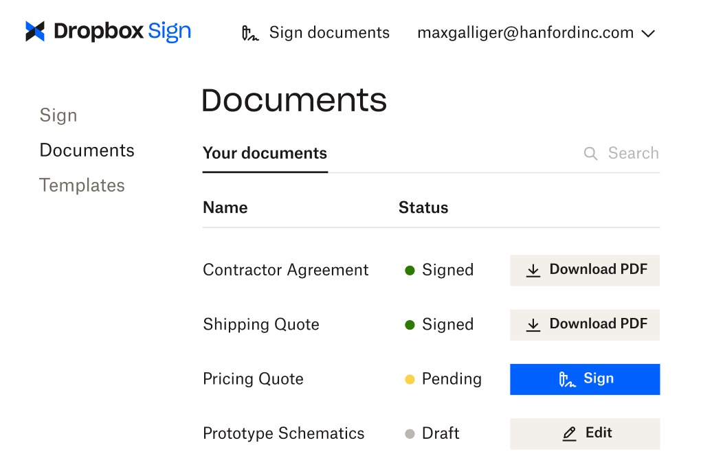 A interface do usuário do Dropbox Sign, exibindo a seção “Documentos”. Vários documentos diferentes listados por nome, com status “Assinado”, “Pendente" ou “Rascunho” ao lado de cada um. Existe a opção de baixar o PDF de cada documento assinado, assinar um documento “Pendente” e editar um “Rascunho”.