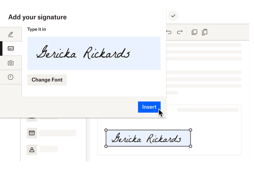 Product visual displaying the Dropbox Sign interface at the add fields step of the flow and at the moment a user adds a signature field