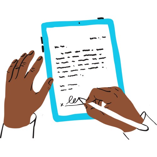 Illustration of signing a document electronically on a tablet with a stylus