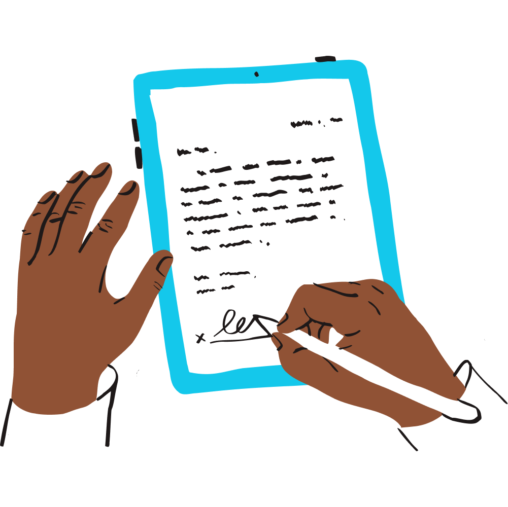 Illustration of signing a document electronically on a tablet with a stylus