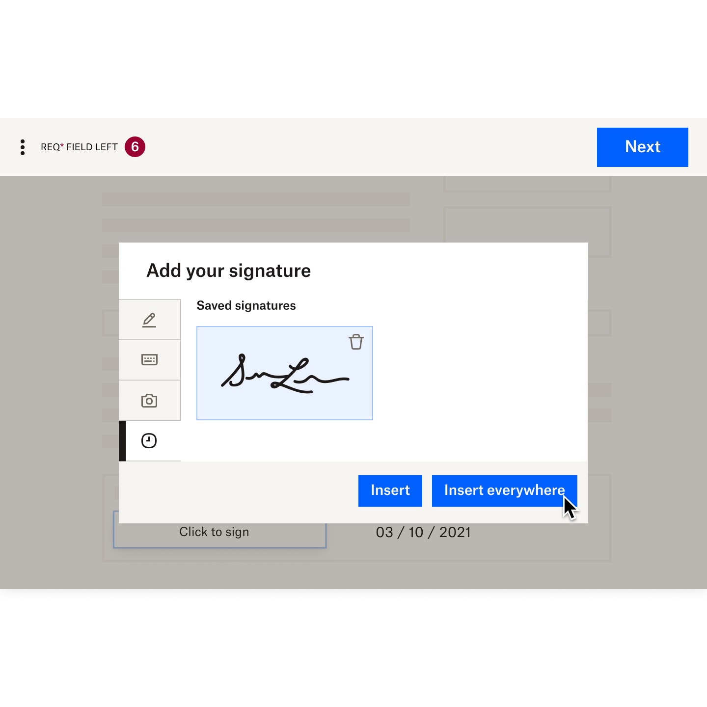 Illustration showing the speed and promptness when it comes to the sharing, signing and ultimately completion of contracts