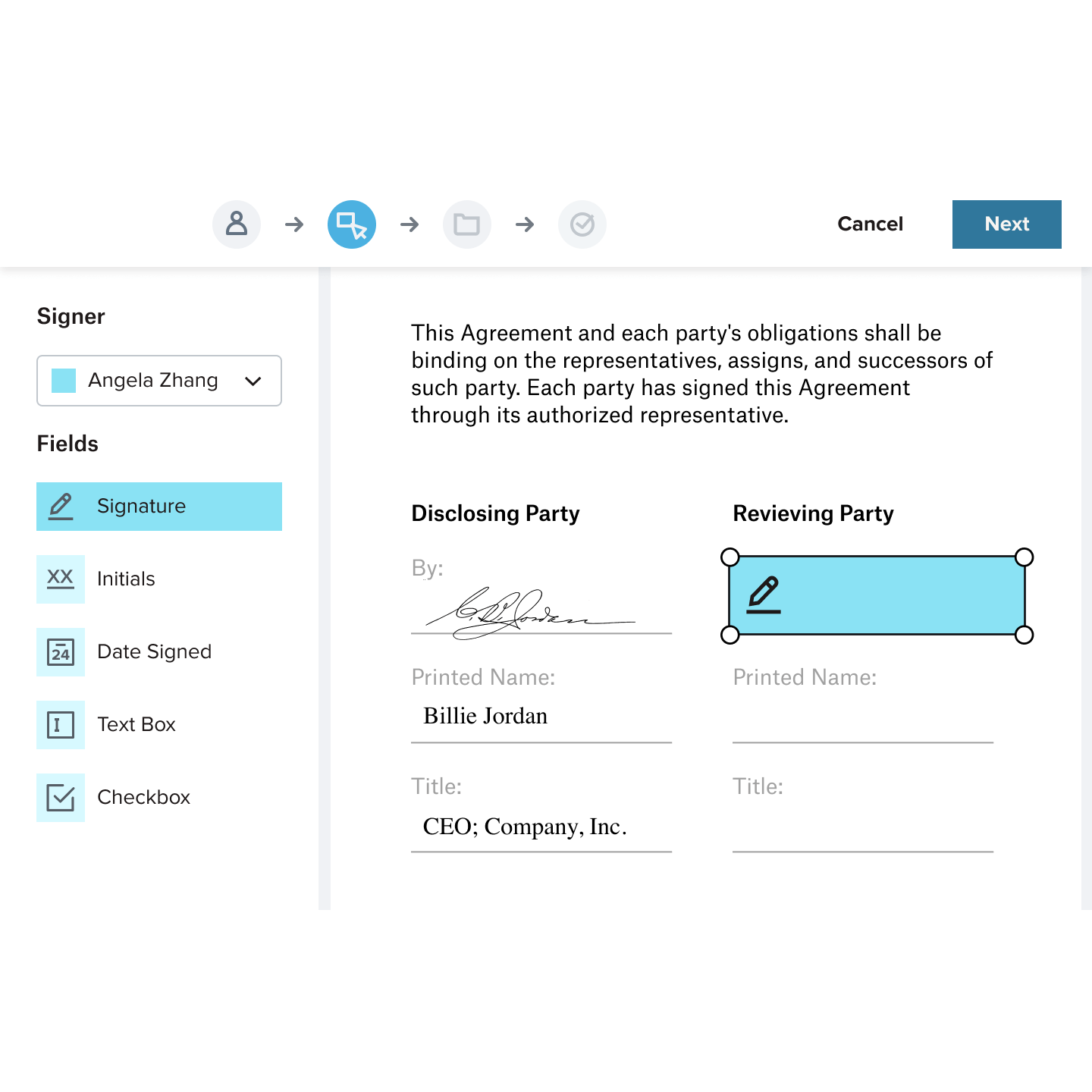 Visuel montrant l’interface Dropbox Sign au moment où l’utilisateur ajoute un champ de signature