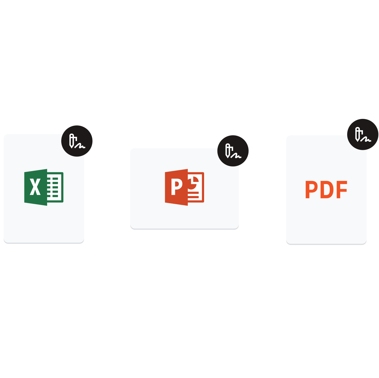 Examples of signed PDFs, Word, Excel and PowerPoint, illustrating how a digital signature is embedded into them all.