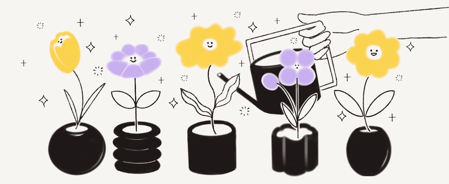 Ilustración de una regadera regando flores que tienen caras sonriente