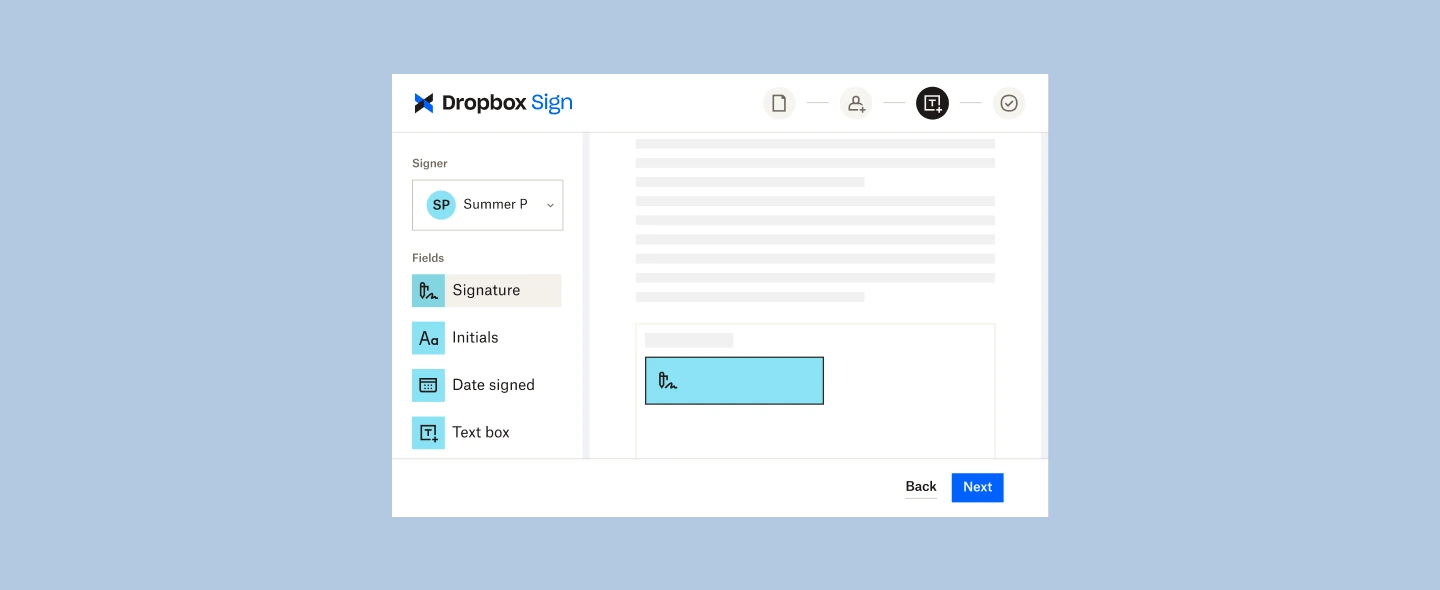 Imagen de la interfaz de usuario de la nueva función de enviar documentos a firmar de Dropbox Sign