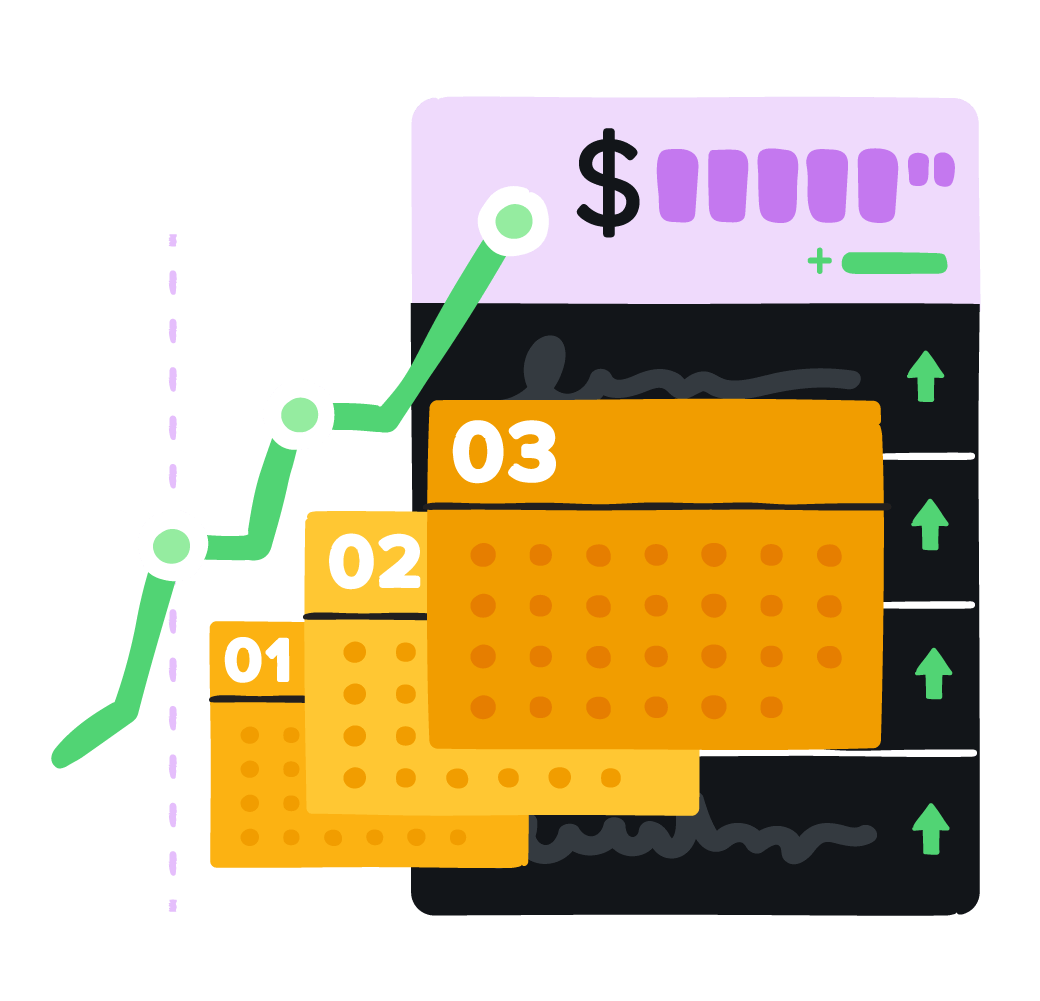 Illustration of a green chart going up, with a calendar beneath