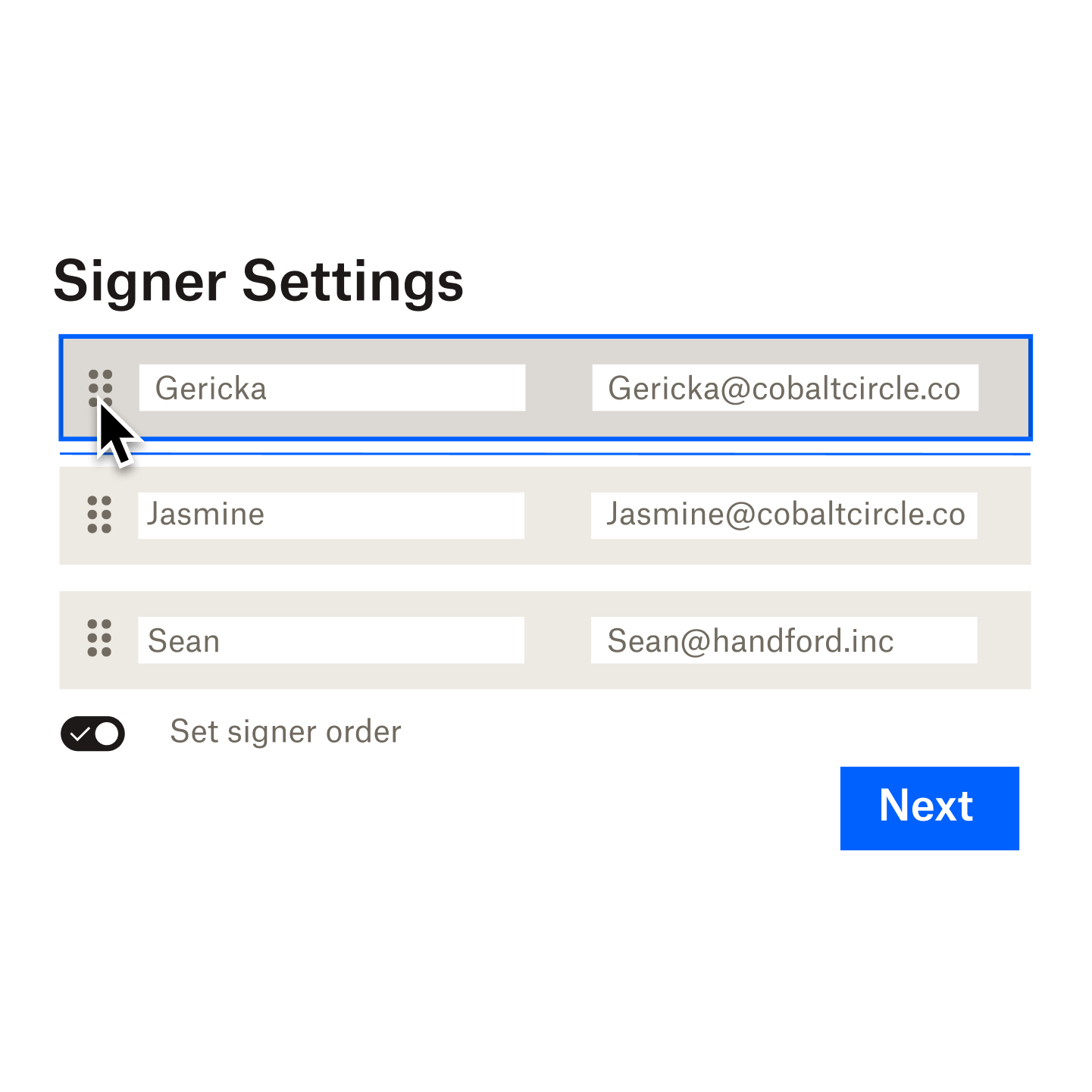 A user is organizing the “Signer Settings” for their document, with three different signers arranged in an order, complete with their names and email addresses.