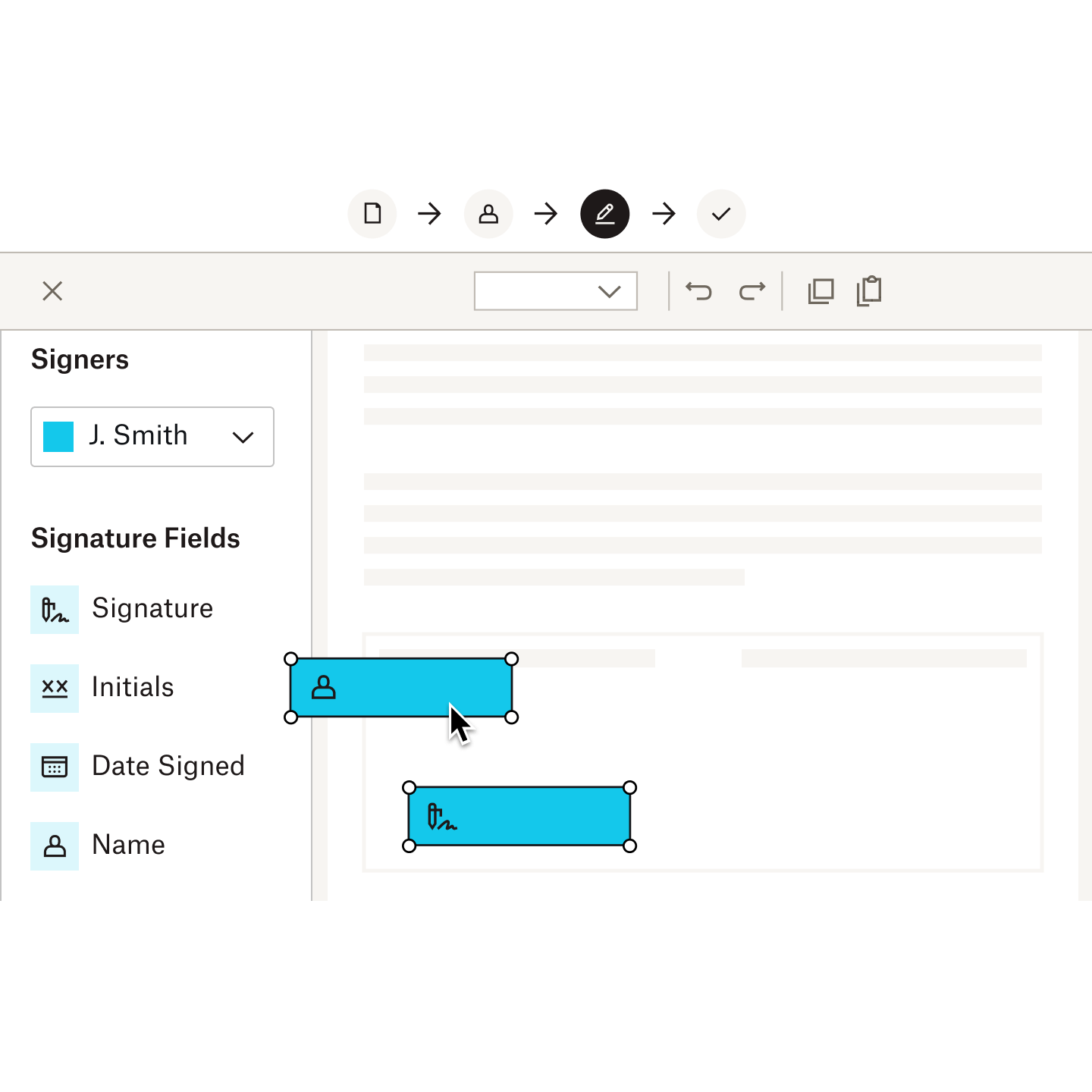 Billede, der illustrerer træk og slip-funktionalitet til at tilføje underskriftsfelter hvor som helst i et Word-dokument