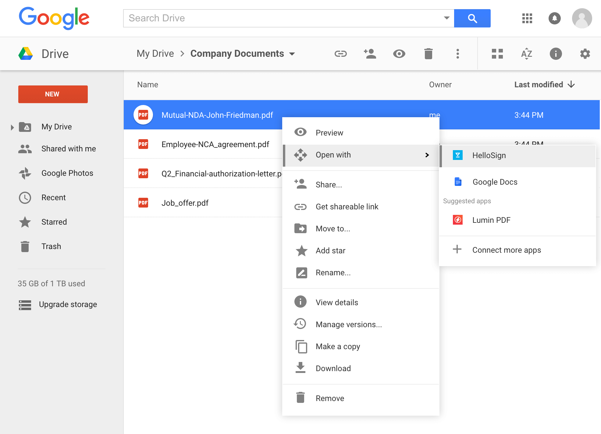 Et skjermbilde av en bruker som åpner et dokument i Google Drive med Dropbox Sign (tidligere HelloSign).