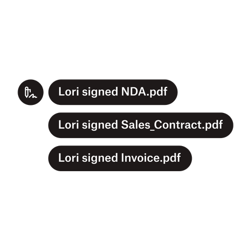 Tres notificaciones que indican que Lori ha firmado los documentos “NDA.pdf”, “Contrato_de_ventas.pdf” y “Factura.pdf”.