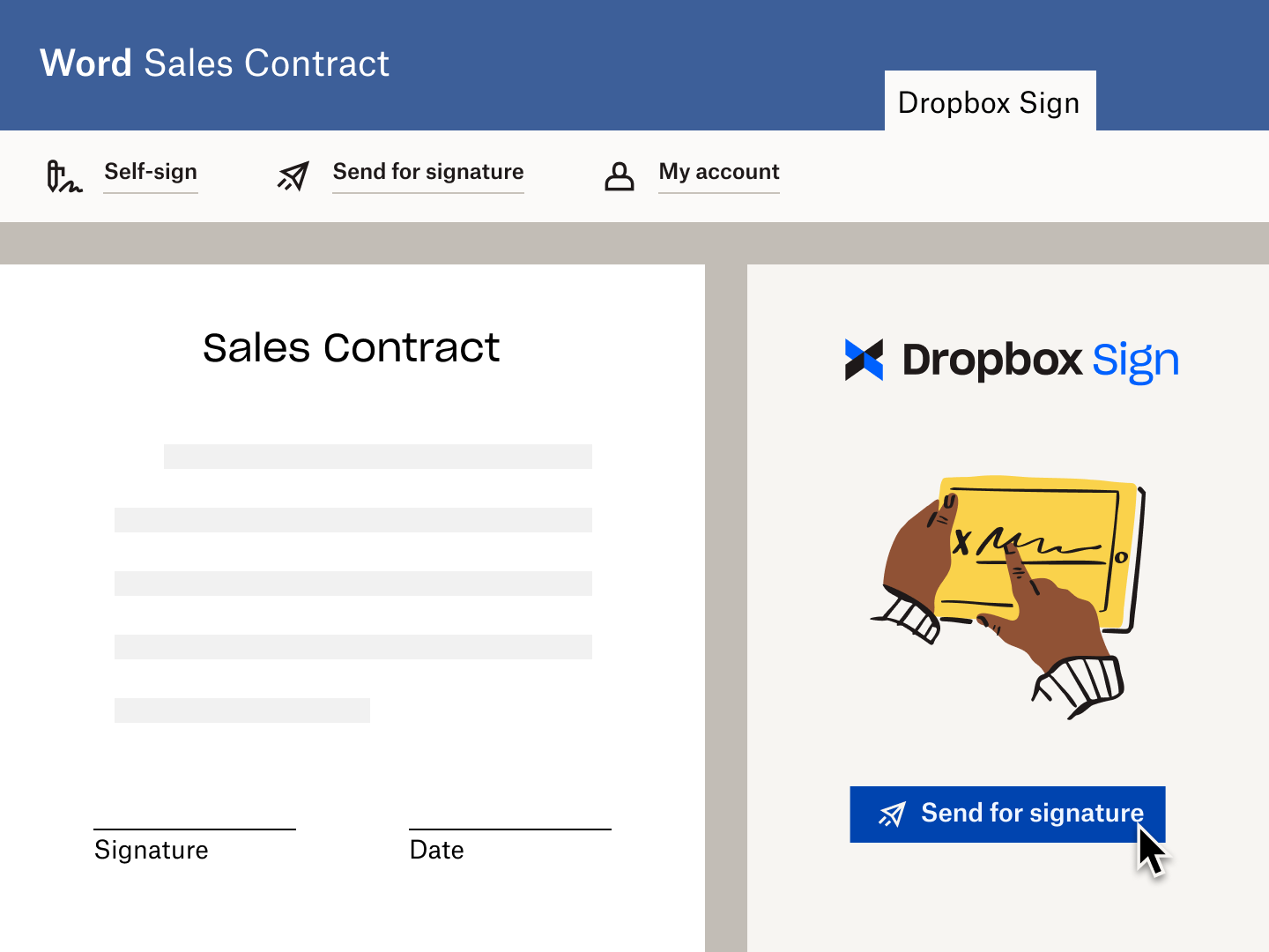 An illustration of the UI within a Microsoft Word doc, with the Dropbox Sign (formerly HelloSign) Add-on displayed as part of the Microsoft Ribbon. A cursor hovers over the option to “Send for signature”.